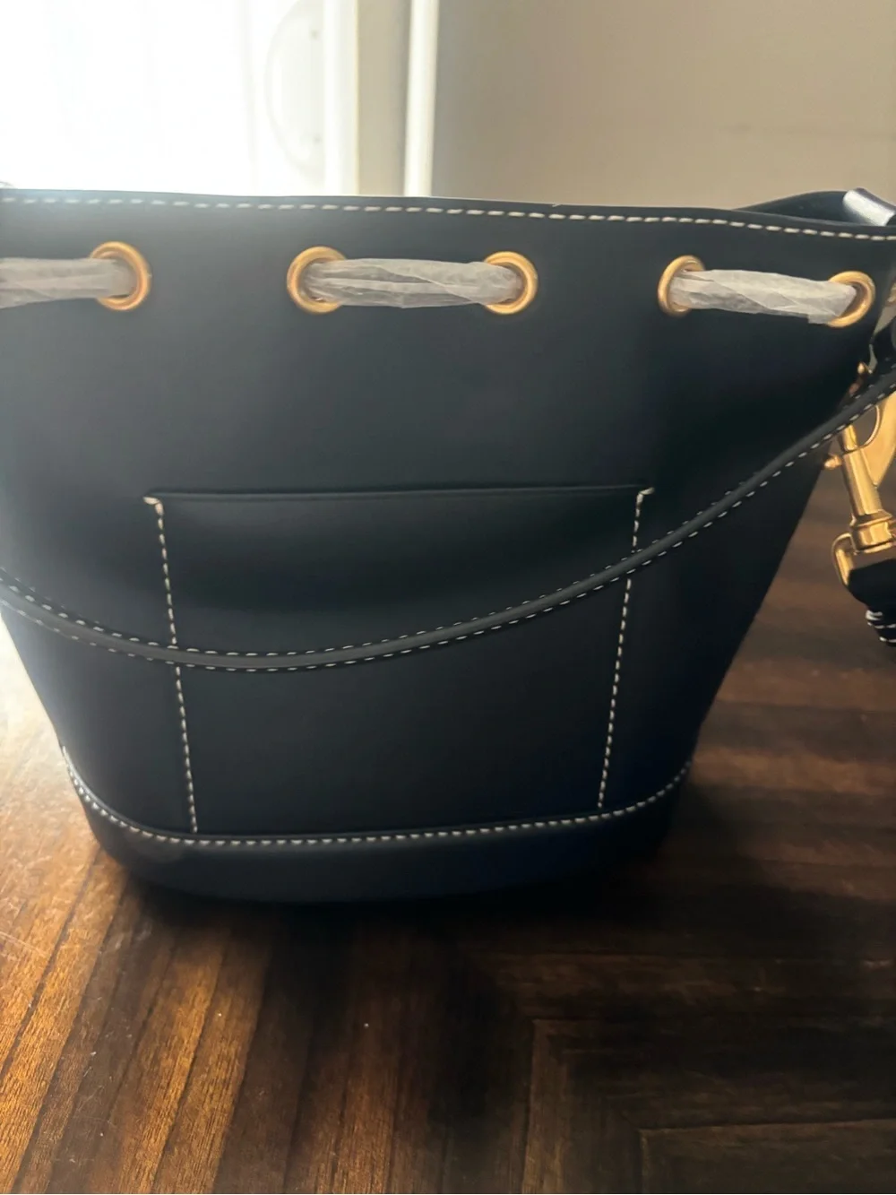 Tory Burch Navy Leather Drawstring Bucket Tote with Gold Hardware